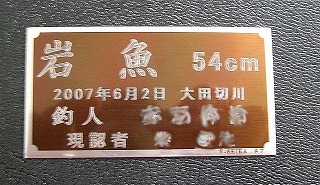 魚種と体長と釣人名と場所が記載されたプレート